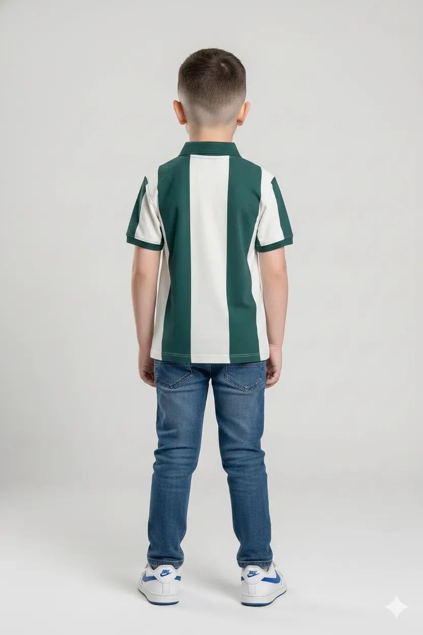 Boys Green Striped Polo Collar T-shirt