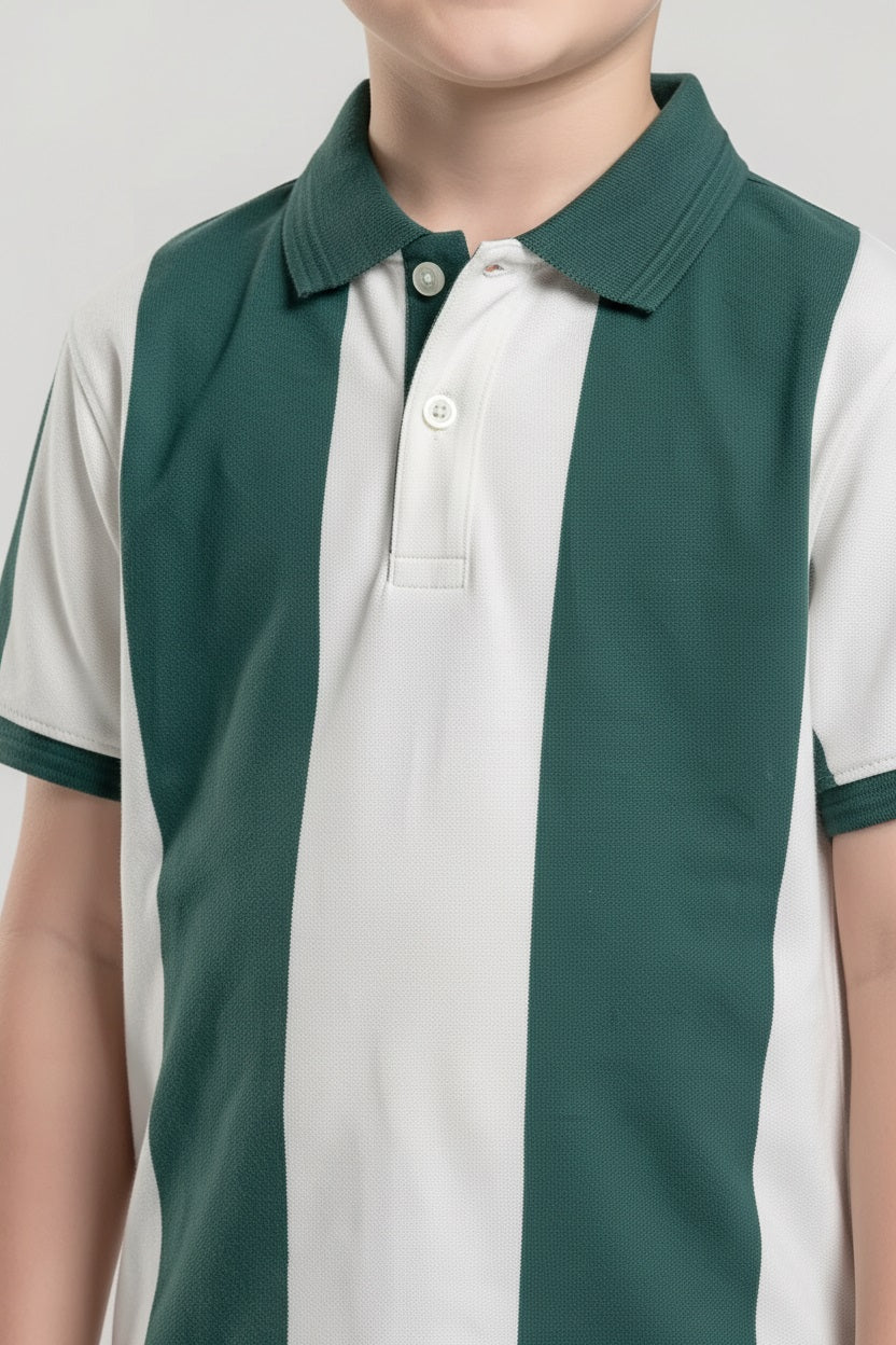 Boys Green Striped Polo Collar T-shirt