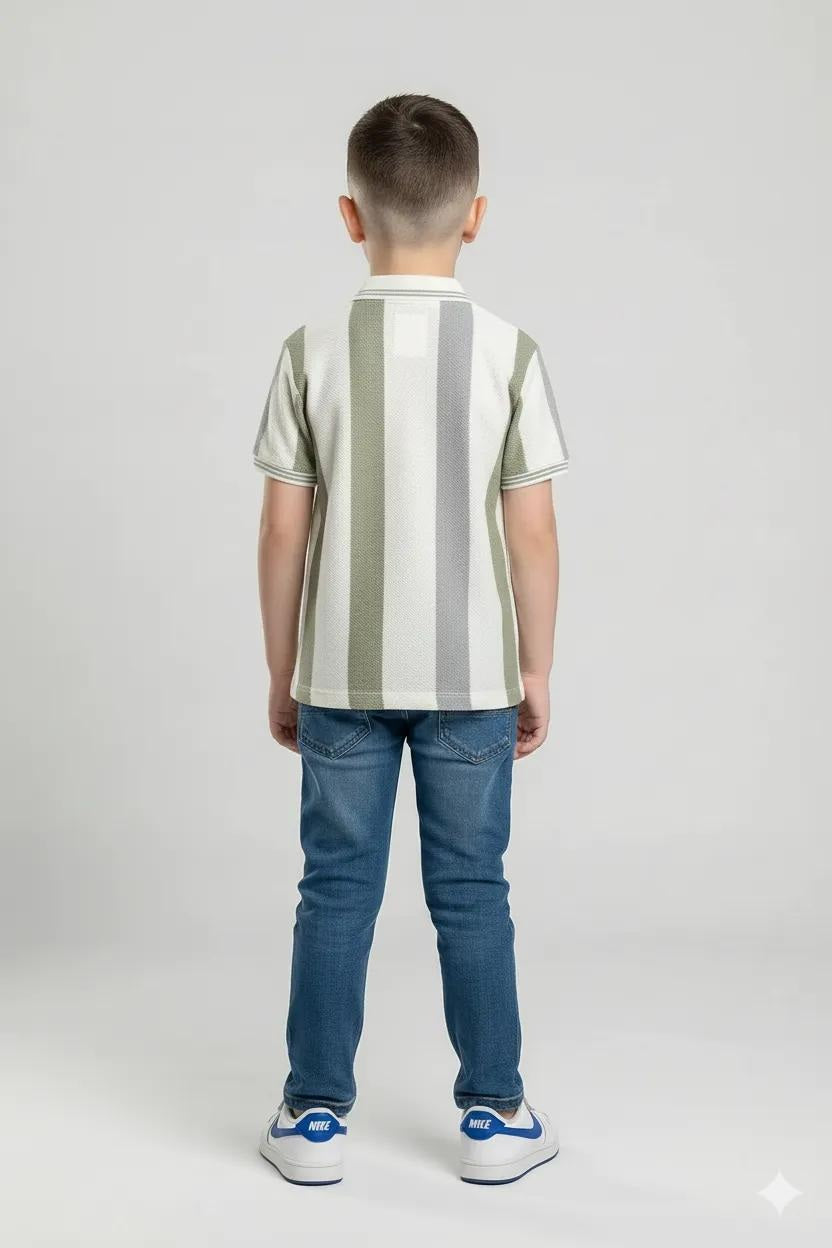 Octave Boys Oil Green Striped Polo Collar T-shirt