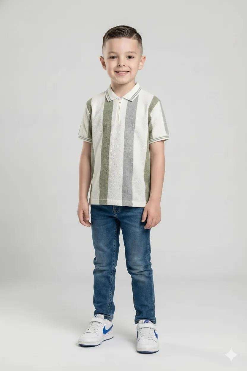 Octave Boys Oil Green Striped Polo Collar T-shirt