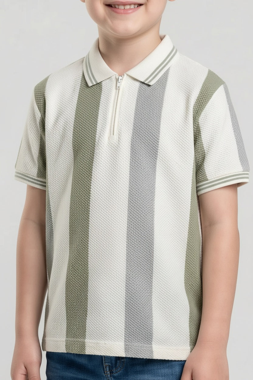 Octave Boys Oil Green Striped Polo Collar T-shirt
