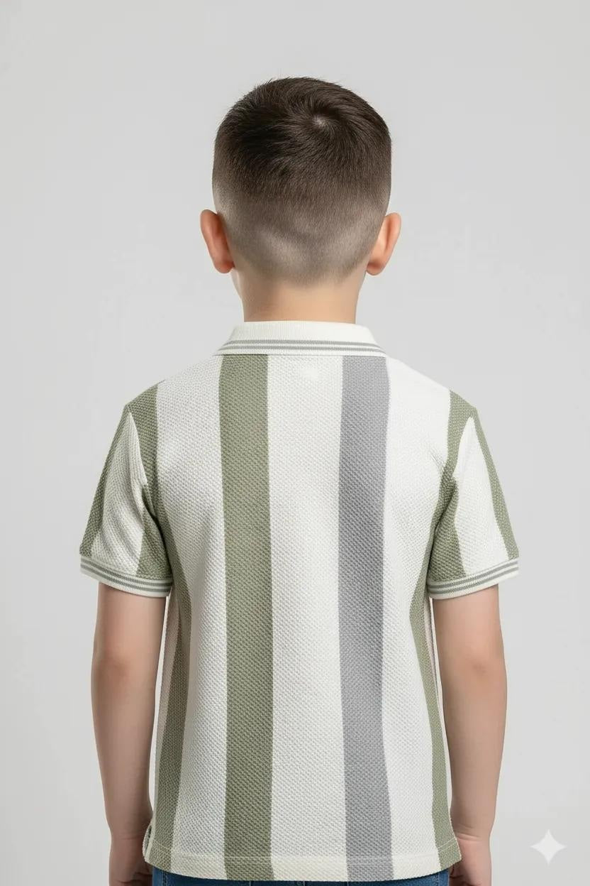 Octave Boys Oil Green Striped Polo Collar T-shirt