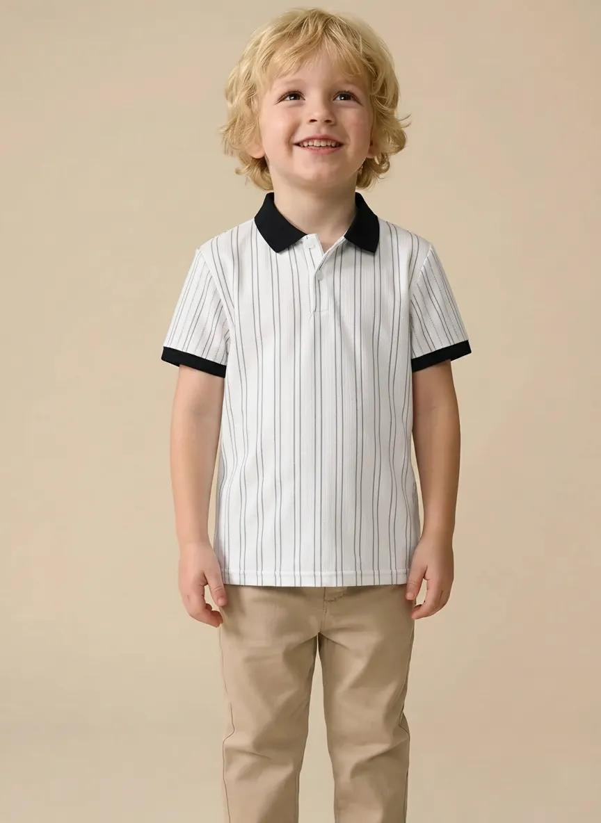 Boys Navy Striped Polo Collar T-shirt