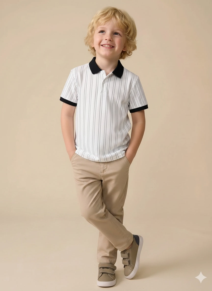 Boys Navy Striped Polo Collar T-shirt