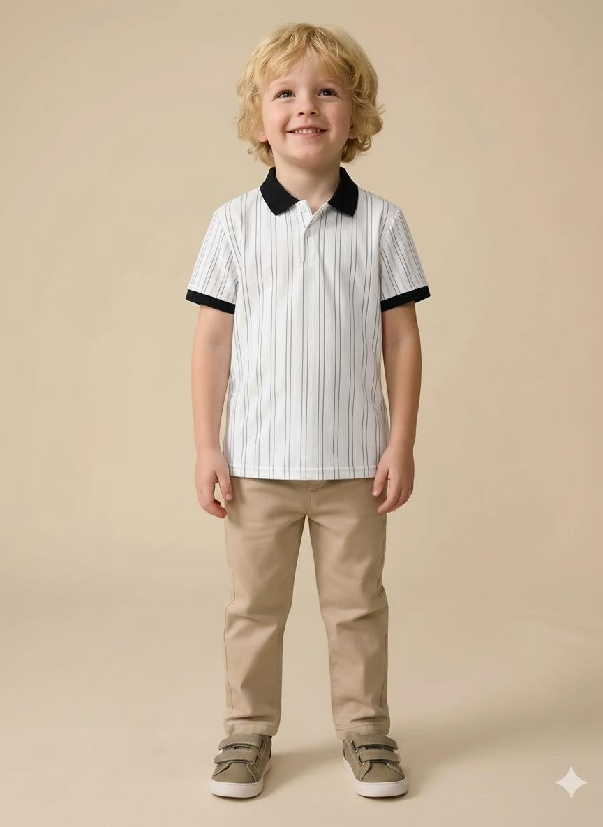 Boys Navy Striped Polo Collar T-shirt