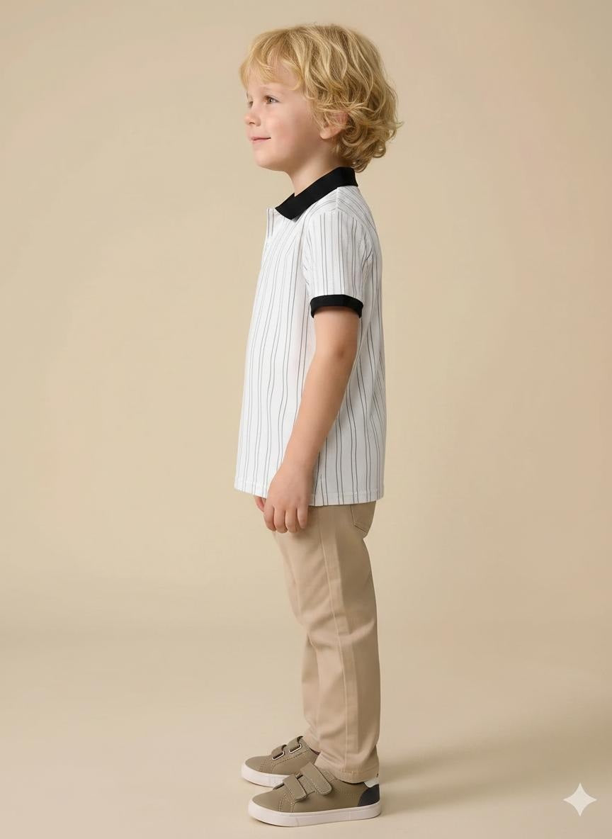 Boys Navy Striped Polo Collar T-shirt