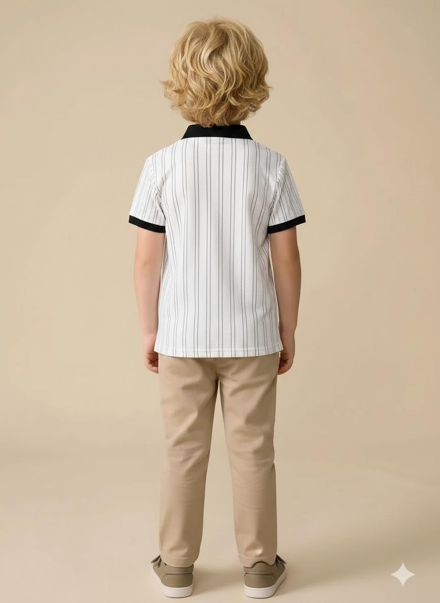 Boys Navy Striped Polo Collar T-shirt