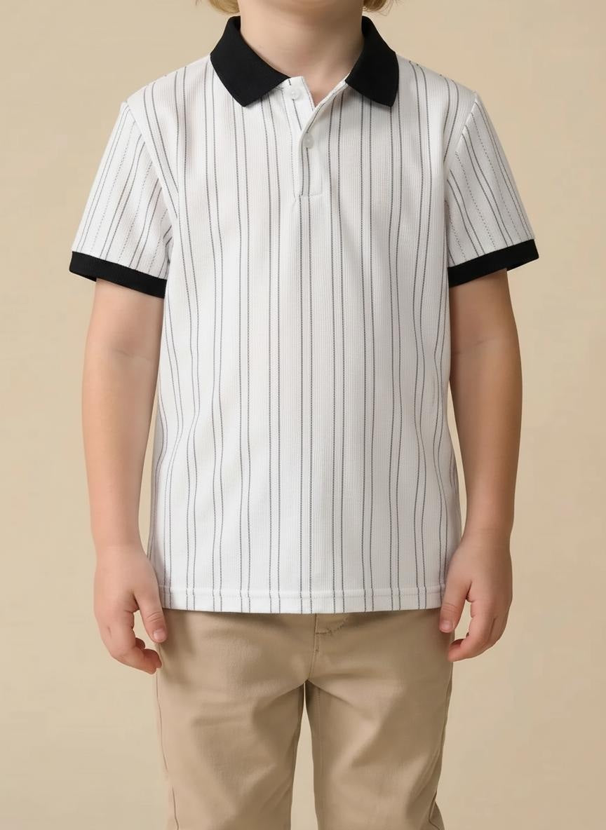 Boys Navy Striped Polo Collar T-shirt
