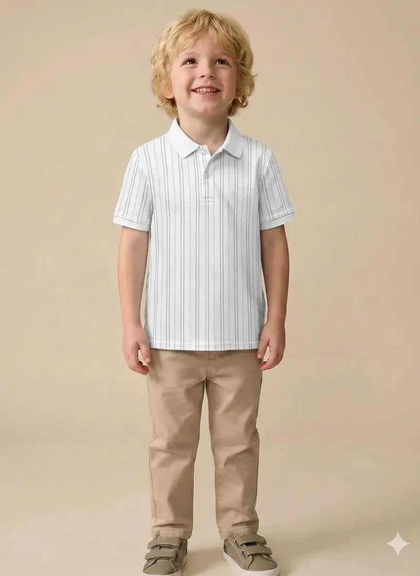 Boys Off White Striped Polo Collar T-shirt