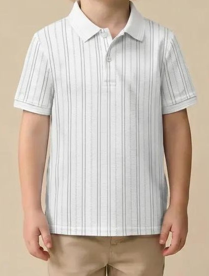 Boys Off White Striped Polo Collar T-shirt