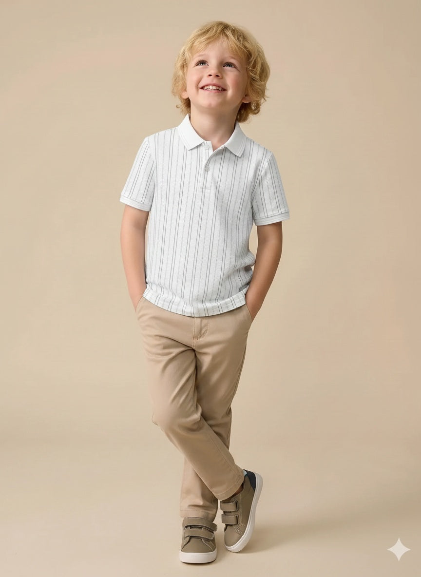Boys Off White Striped Polo Collar T-shirt