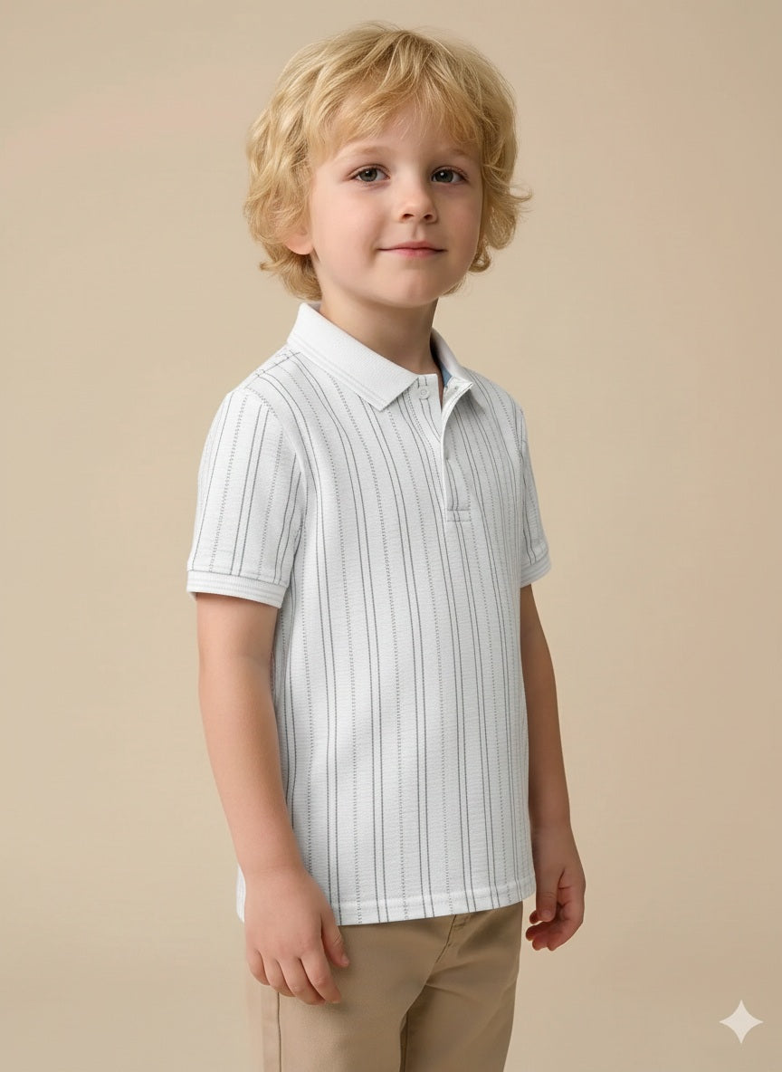 Boys Off White Striped Polo Collar T-shirt