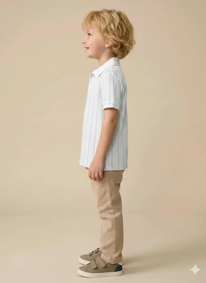 Boys Off White Striped Polo Collar T-shirt