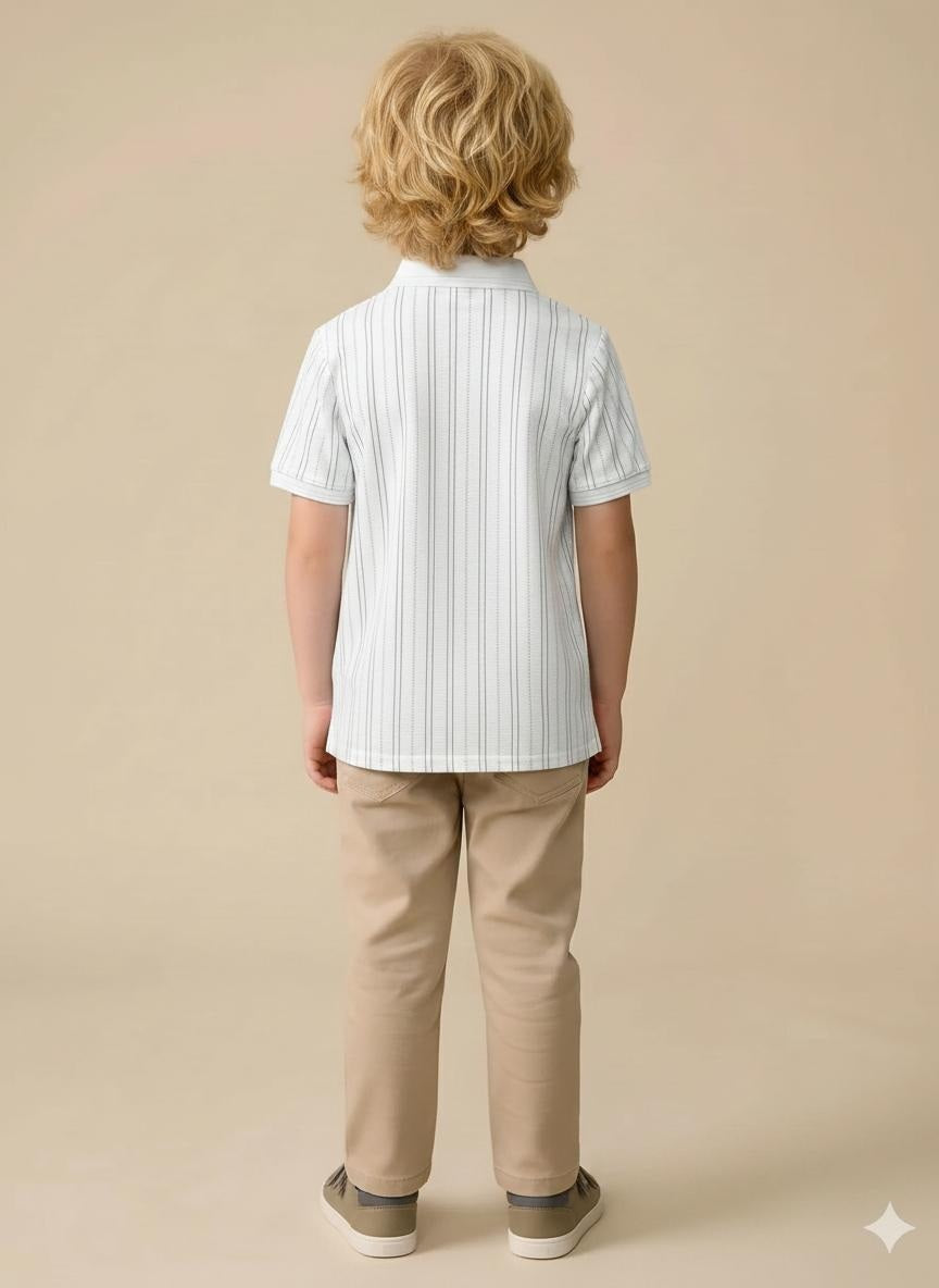 Boys Off White Striped Polo Collar T-shirt