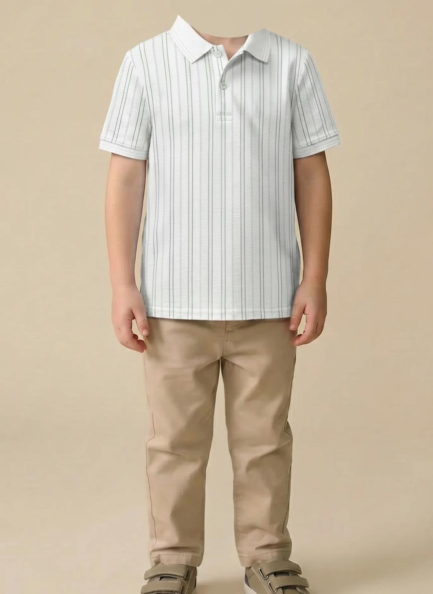 Boys Off White Striped Polo Collar T-shirt