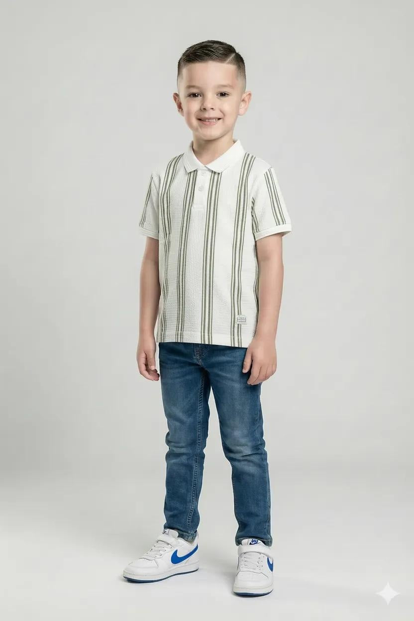 Octave Boys Oil Green Striped Polo Collar Monochrome T-shirt