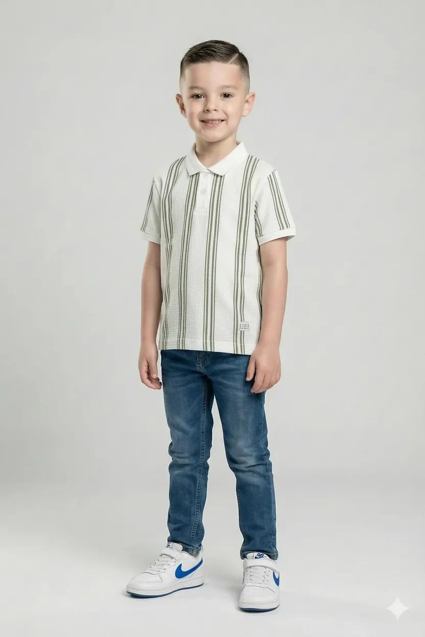 Octave Boys Oil Green Striped Polo Collar Monochrome T-shirt