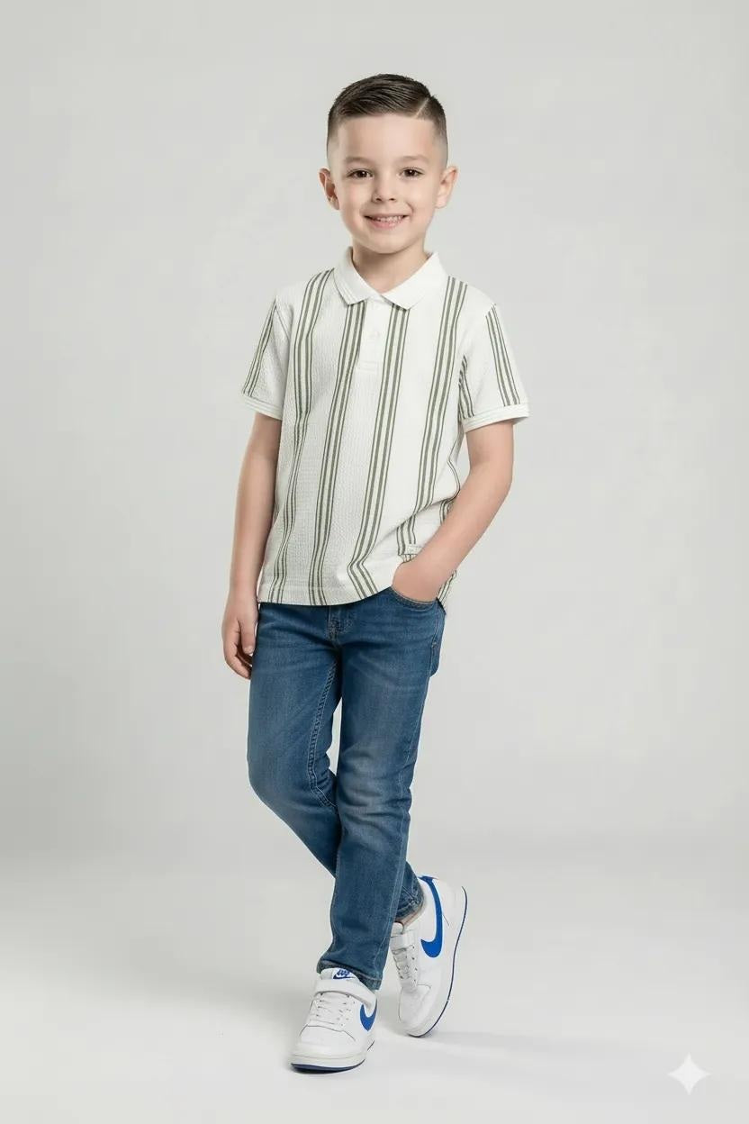 Octave Boys Oil Green Striped Polo Collar Monochrome T-shirt