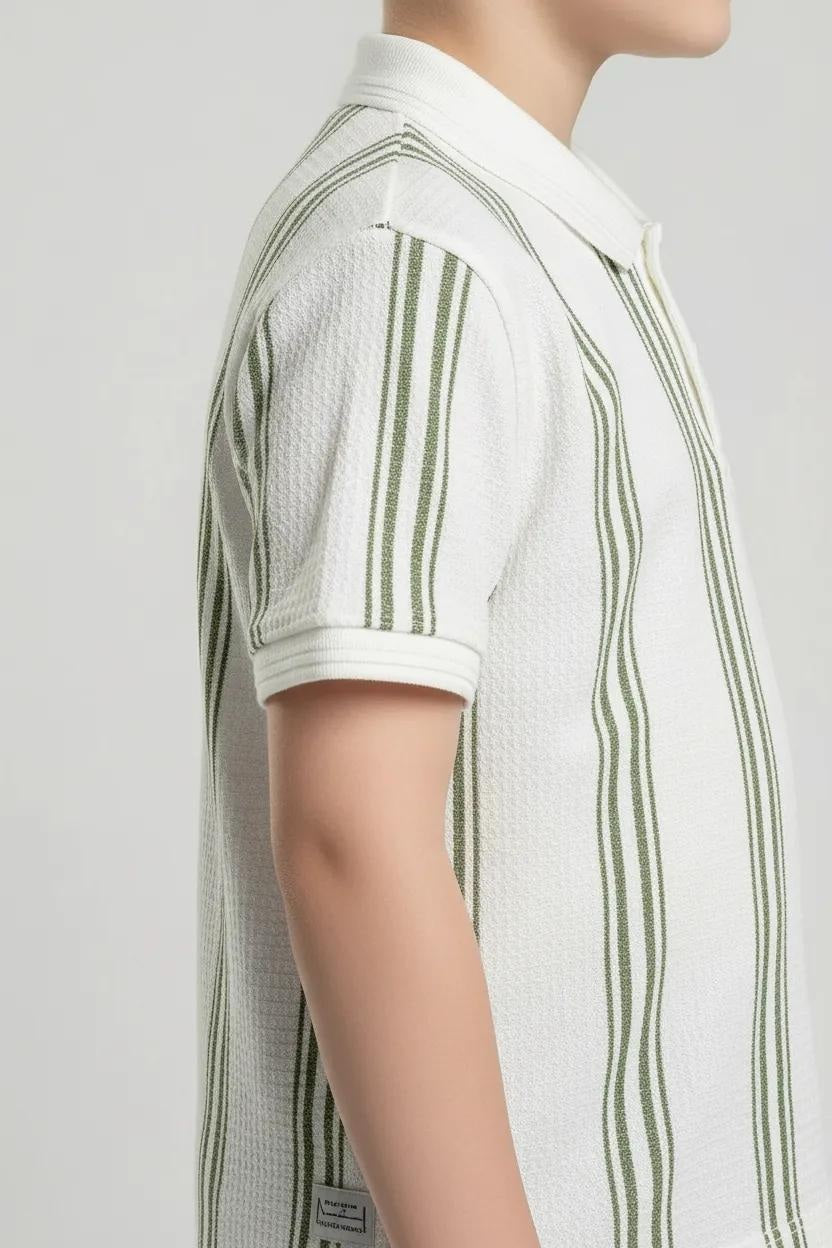 Octave Boys Oil Green Striped Polo Collar Monochrome T-shirt