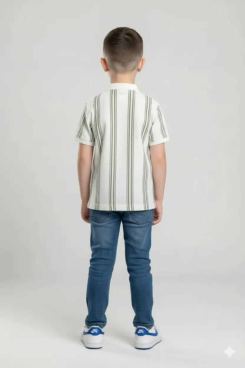 Octave Boys Oil Green Striped Polo Collar Monochrome T-shirt