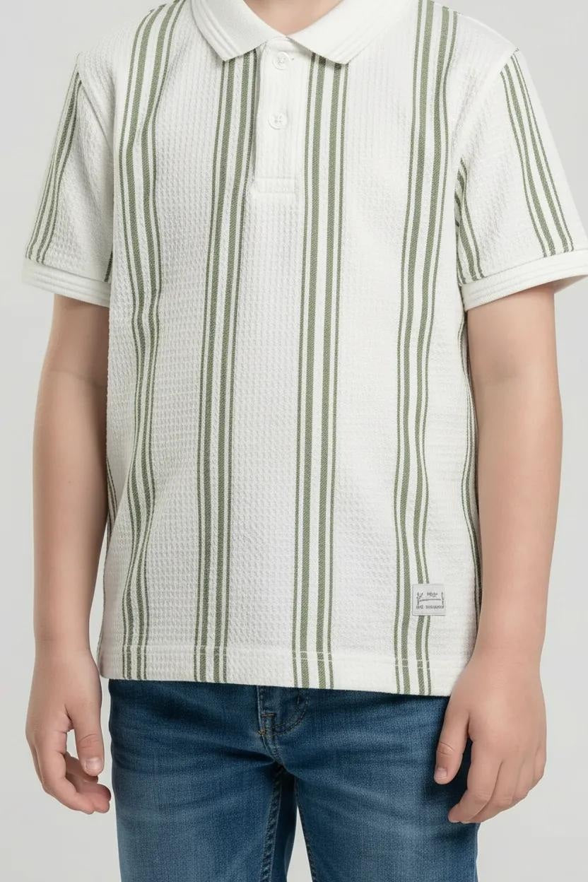 Octave Boys Oil Green Striped Polo Collar Monochrome T-shirt