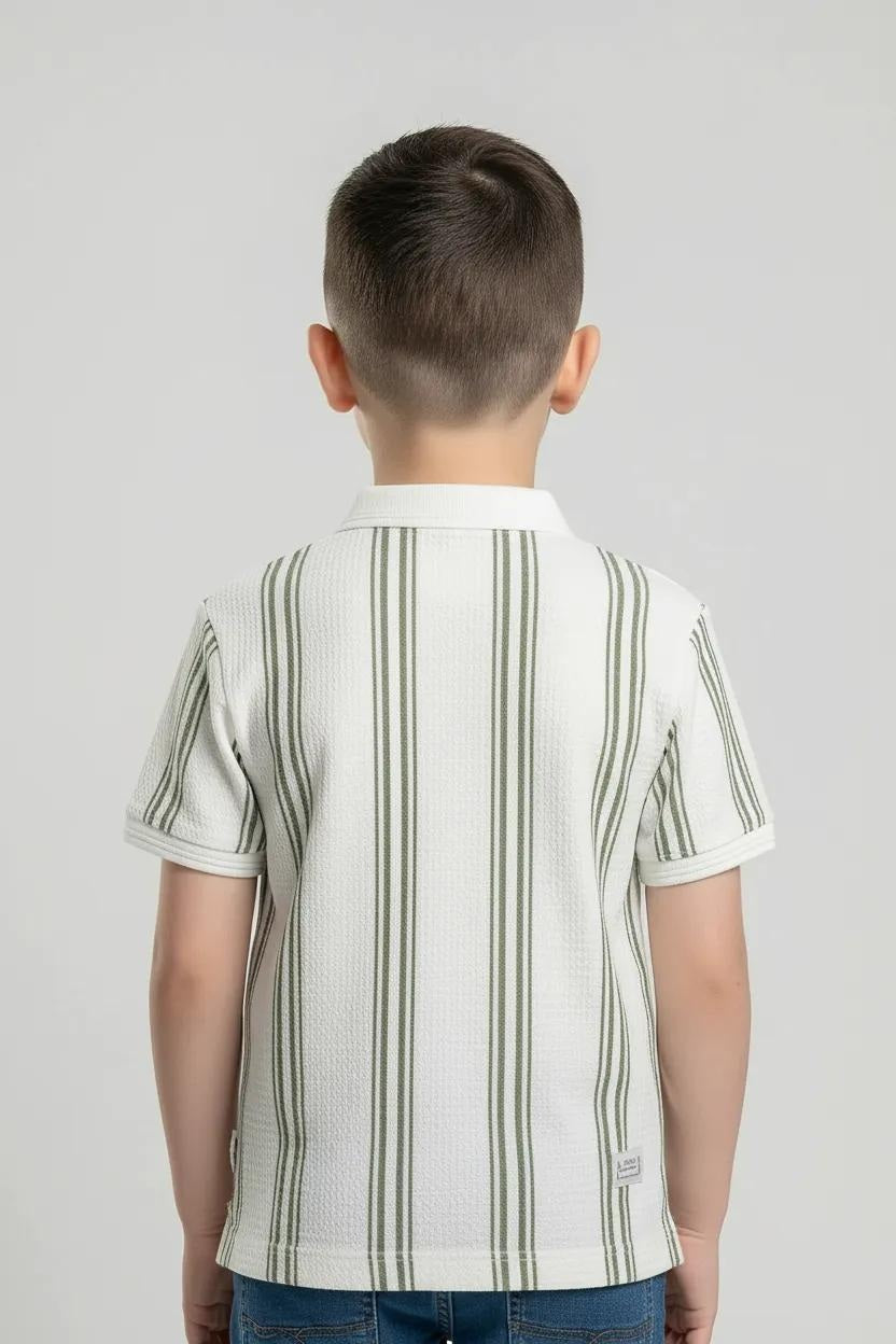 Octave Boys Oil Green Striped Polo Collar Monochrome T-shirt