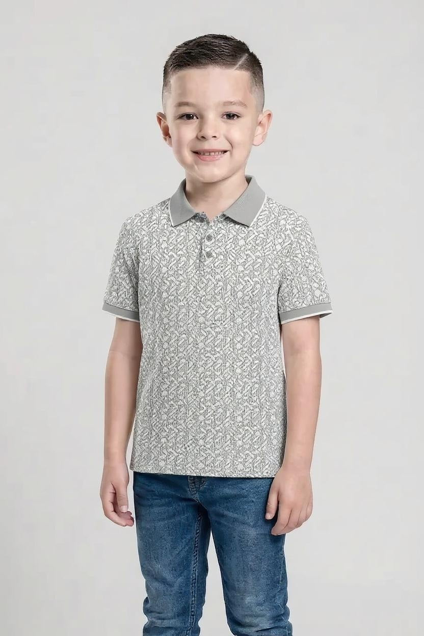Boys Silver Printed Polo Collar T-shirt
