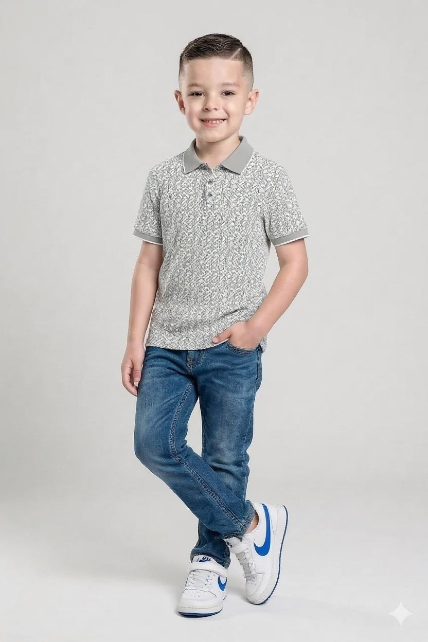 Boys Silver Printed Polo Collar T-shirt