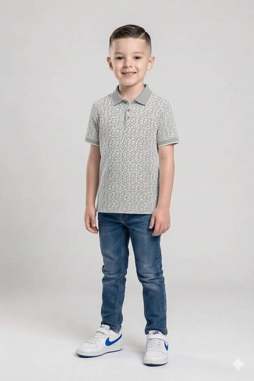 Boys Silver Printed Polo Collar T-shirt