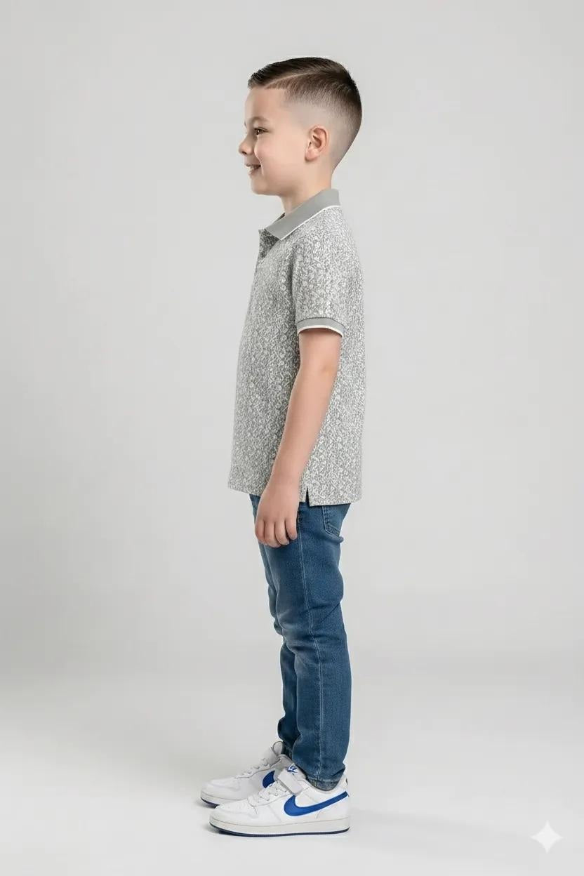 Boys Silver Printed Polo Collar T-shirt