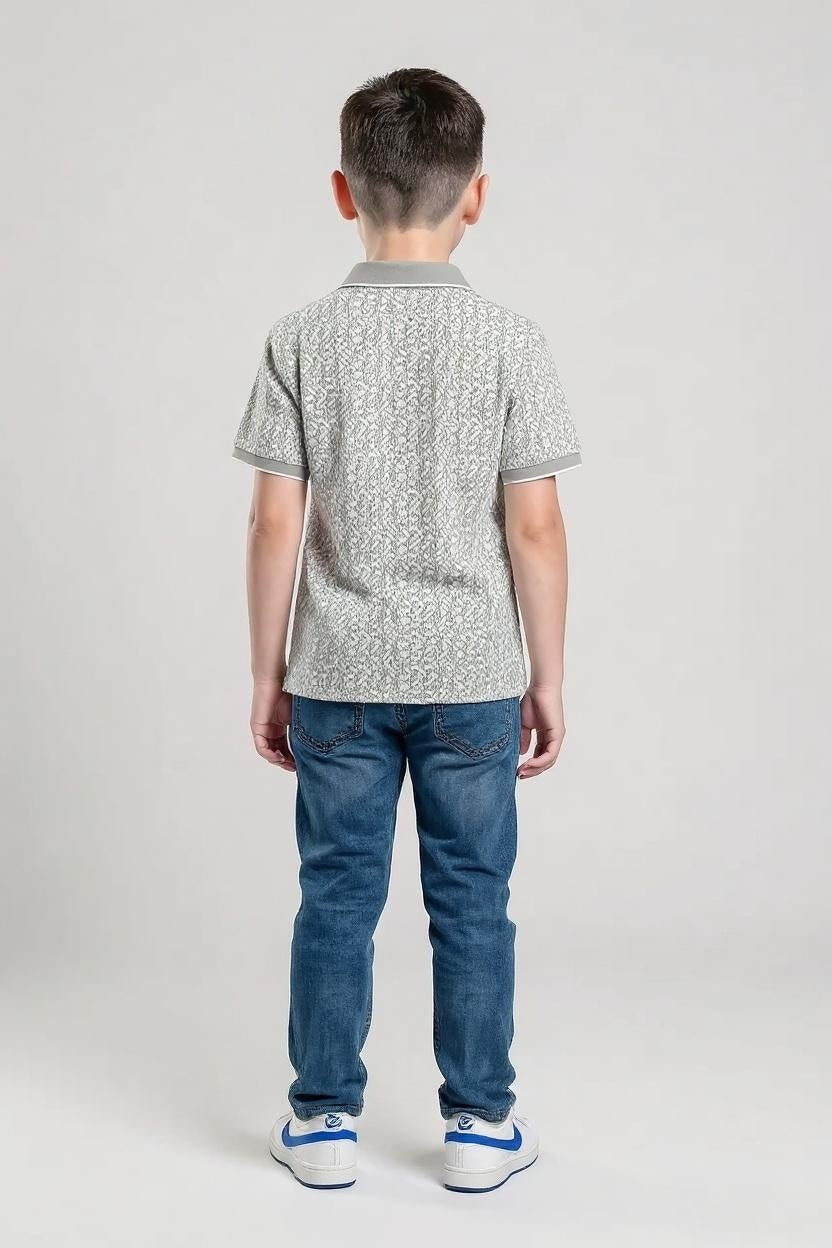 Boys Silver Printed Polo Collar T-shirt