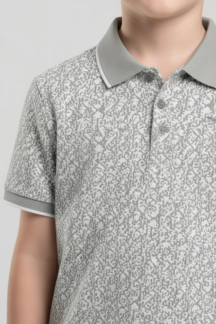 Boys Silver Printed Polo Collar T-shirt