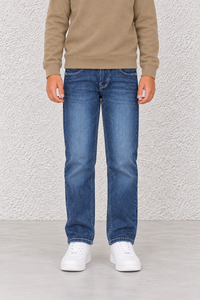 Junior Boys’ Dark Blue Straight Fit Jeans – Mid-Rise Washed Denim