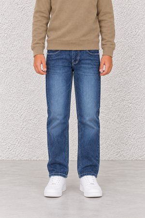 Junior Boys’ Dark Blue Straight Fit Jeans – Mid-Rise Washed Denim