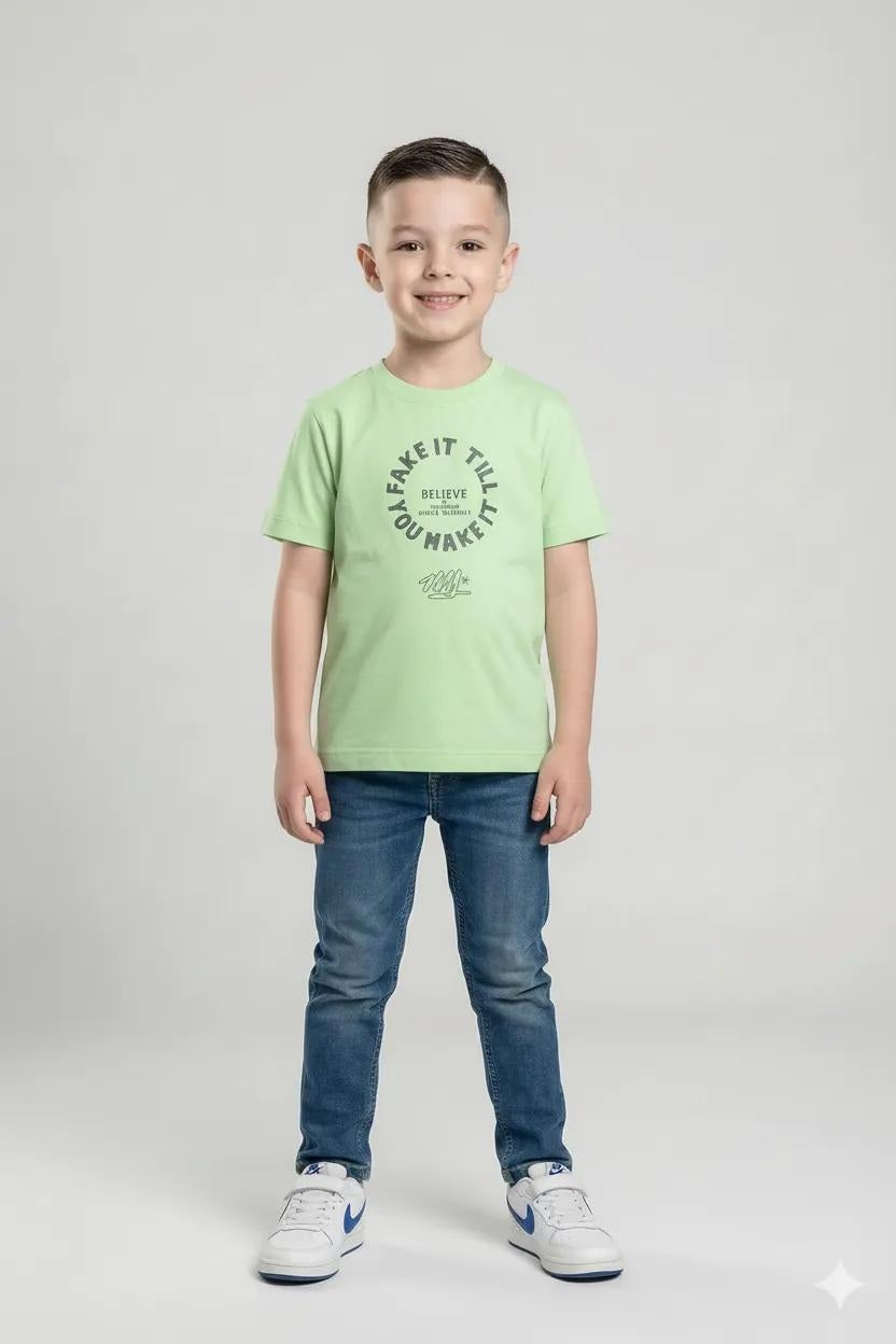 Octave Boys Neon Green Printed Round Neck Short Sleeves T-shirt