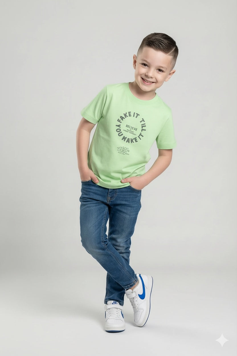 Octave Boys Neon Green Printed Round Neck Short Sleeves T-shirt