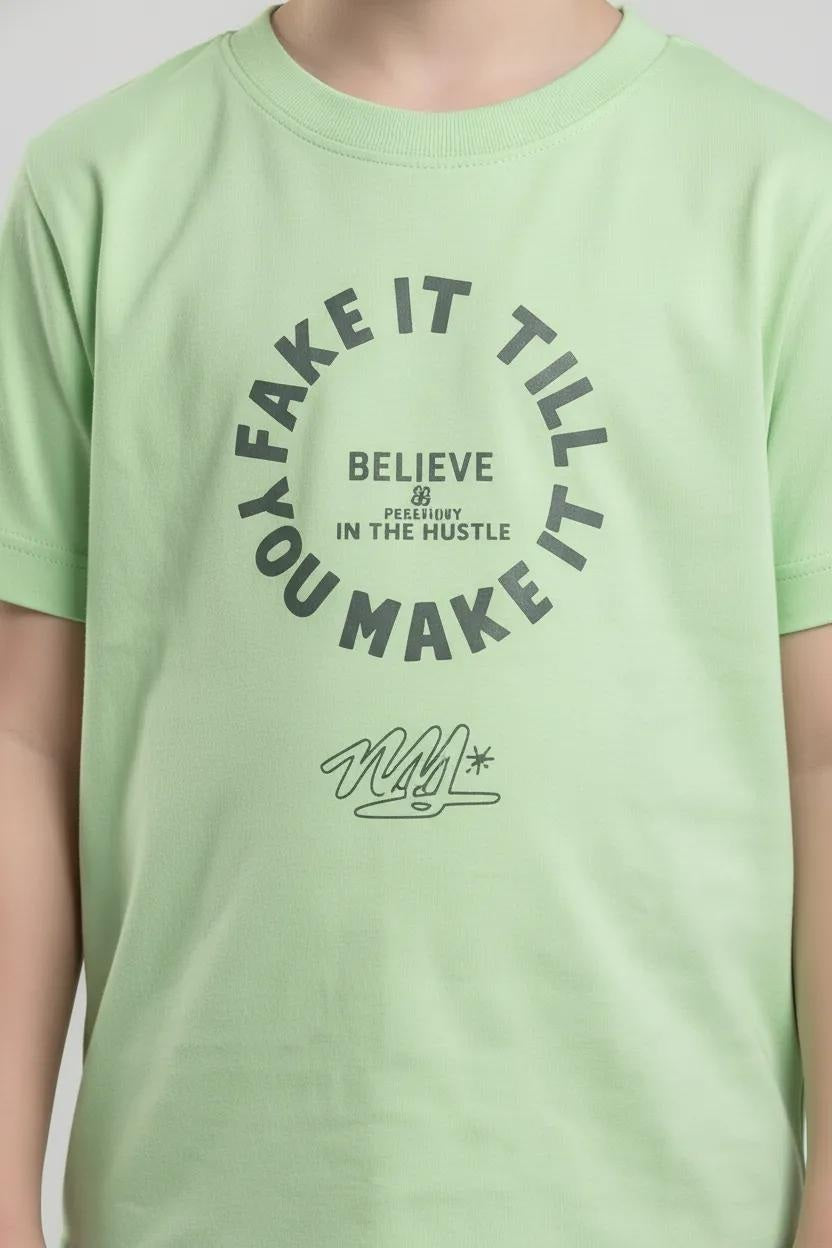 Octave Boys Neon Green Printed Round Neck Short Sleeves T-shirt