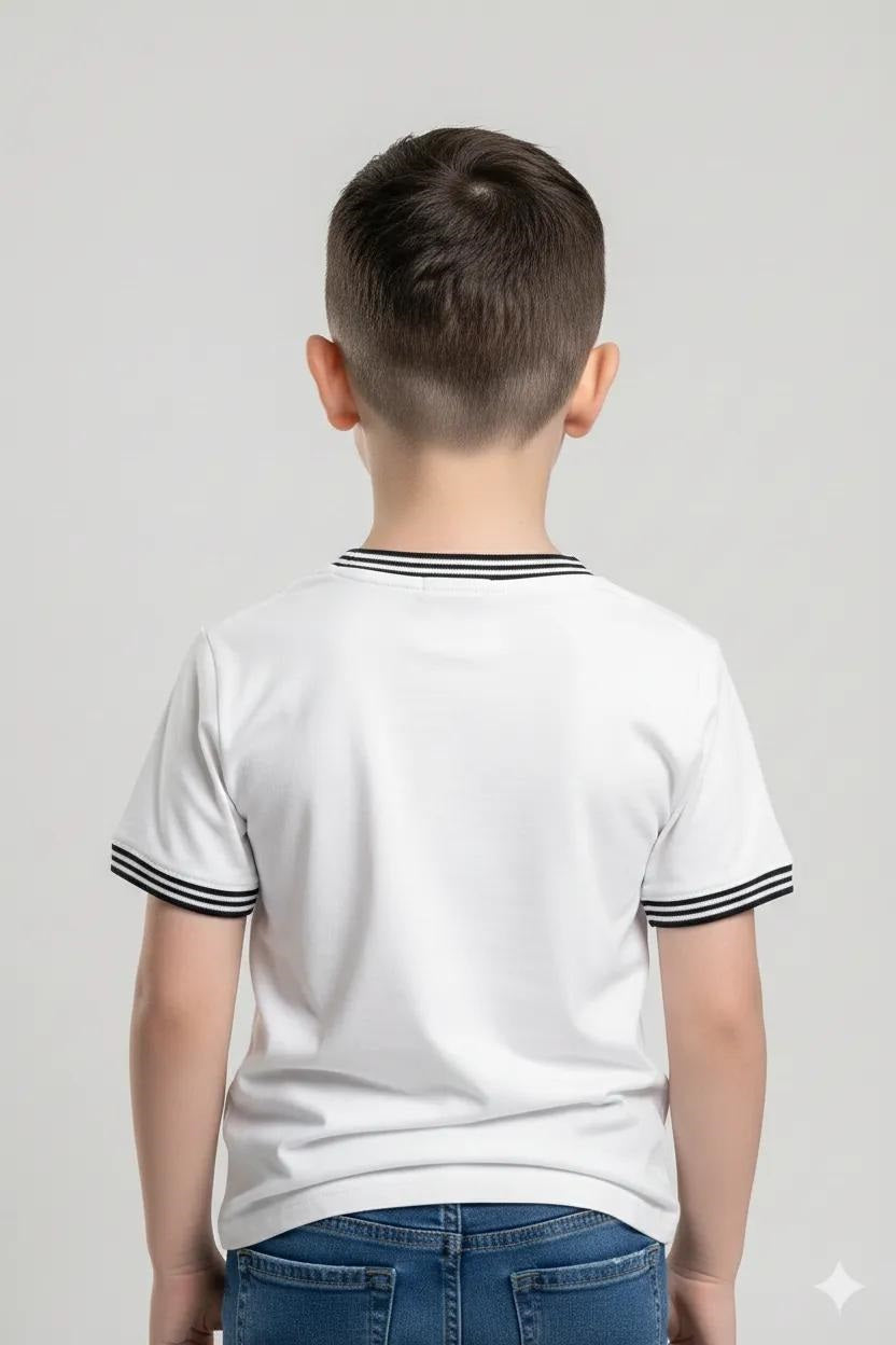 Boys Off White Printed Round Neck T-shirt