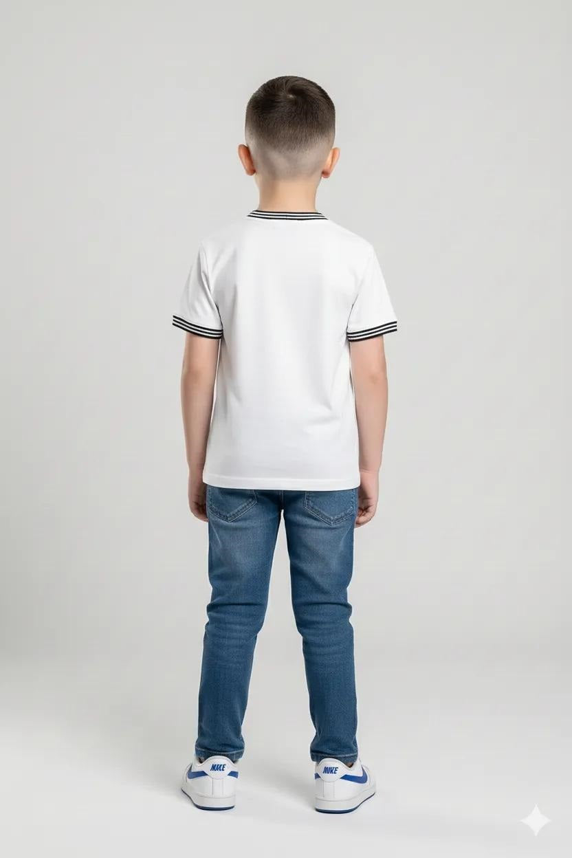 Boys Off White Printed Round Neck T-shirt