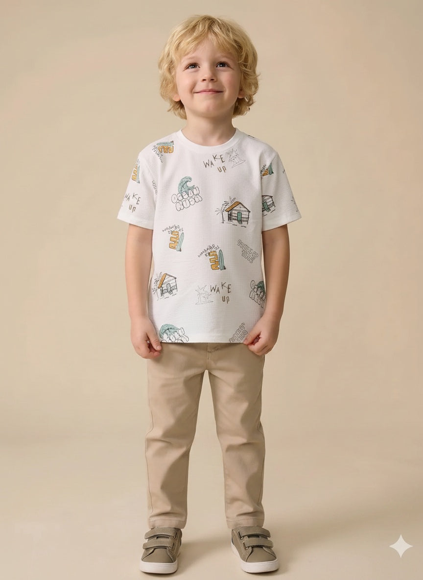 Boys Off White Printed T-shirt