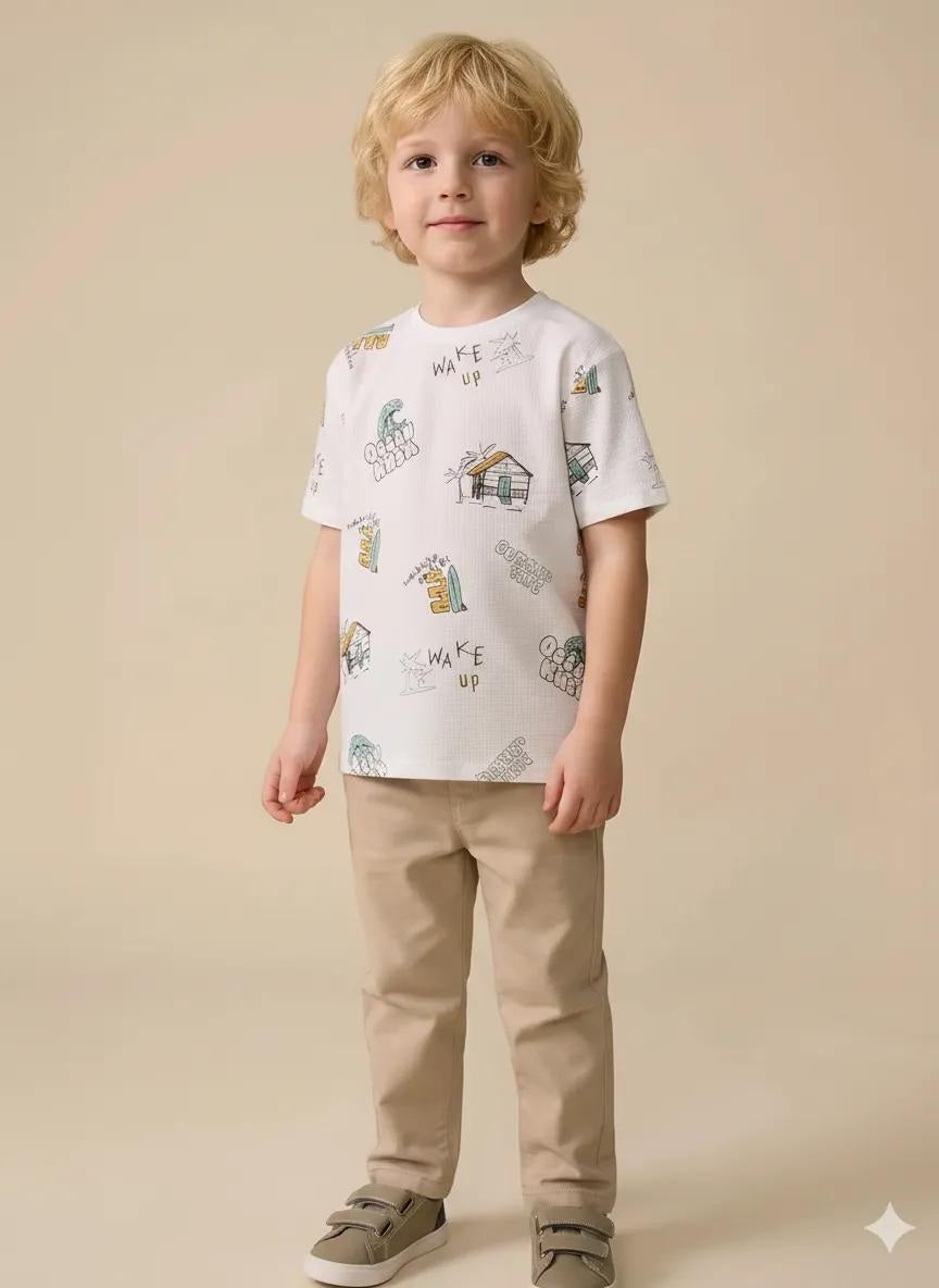 Boys Off White Printed T-shirt