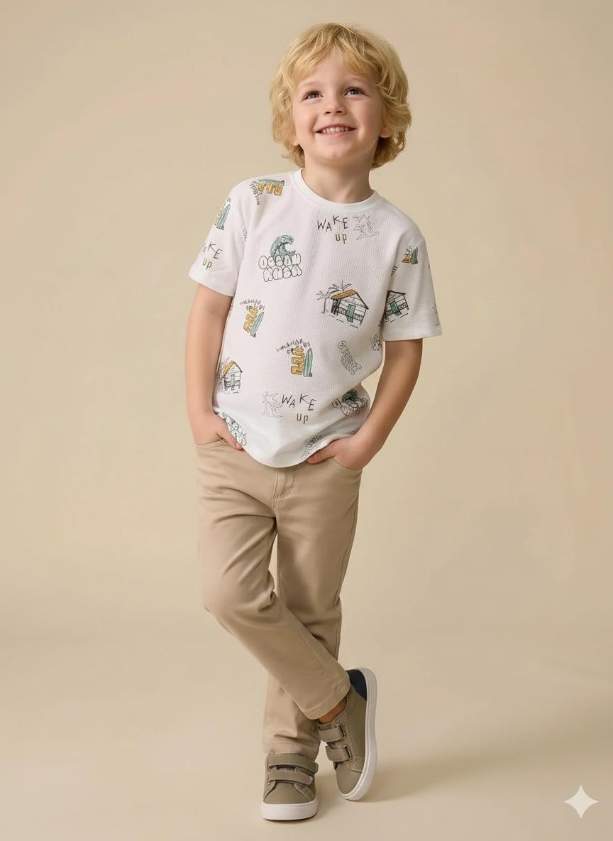 Boys Off White Printed T-shirt