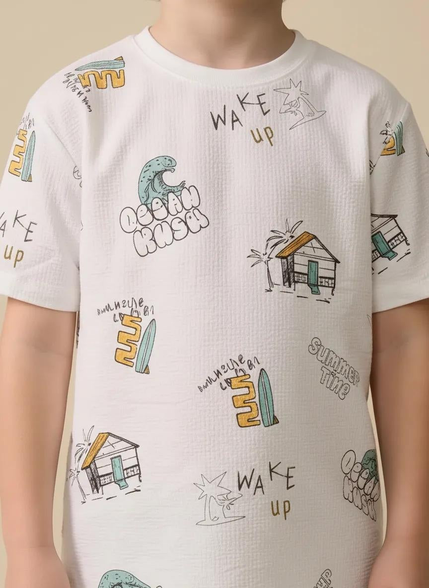 Boys Off White Printed T-shirt