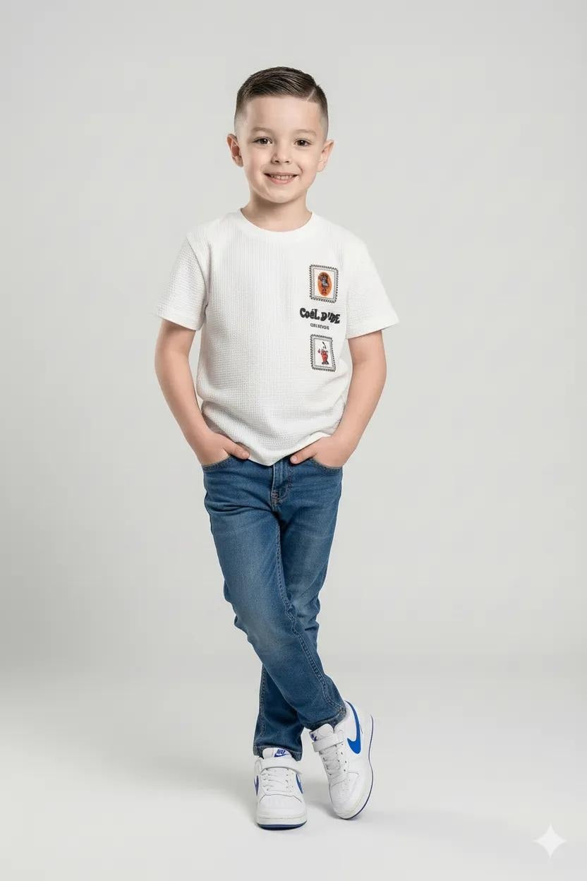 Octave Boys Off White Textured Graphic Cotton Tshirt