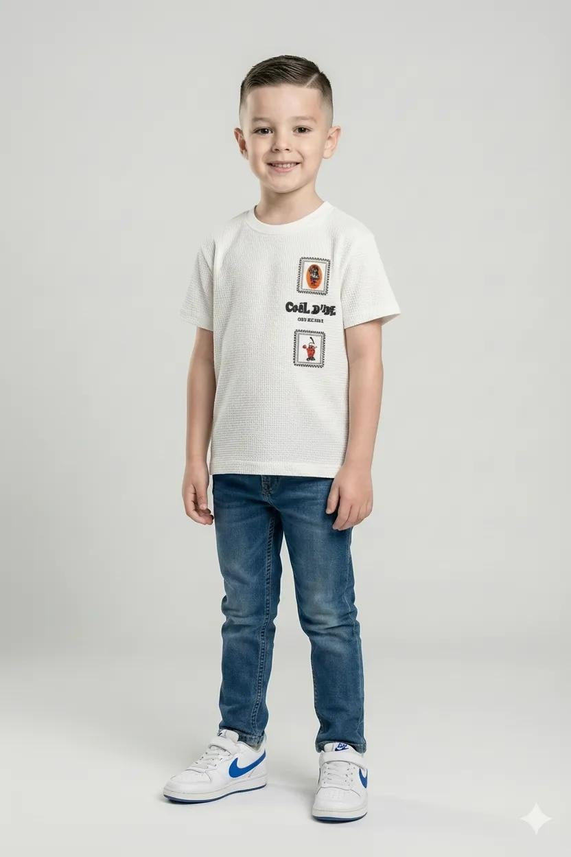 Octave Boys Off White Textured Graphic Cotton Tshirt