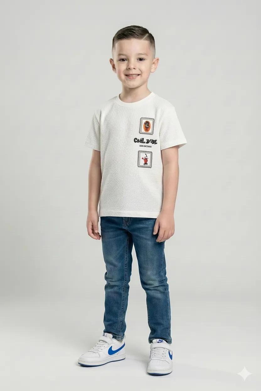 Octave Boys Off White Textured Graphic Cotton Tshirt