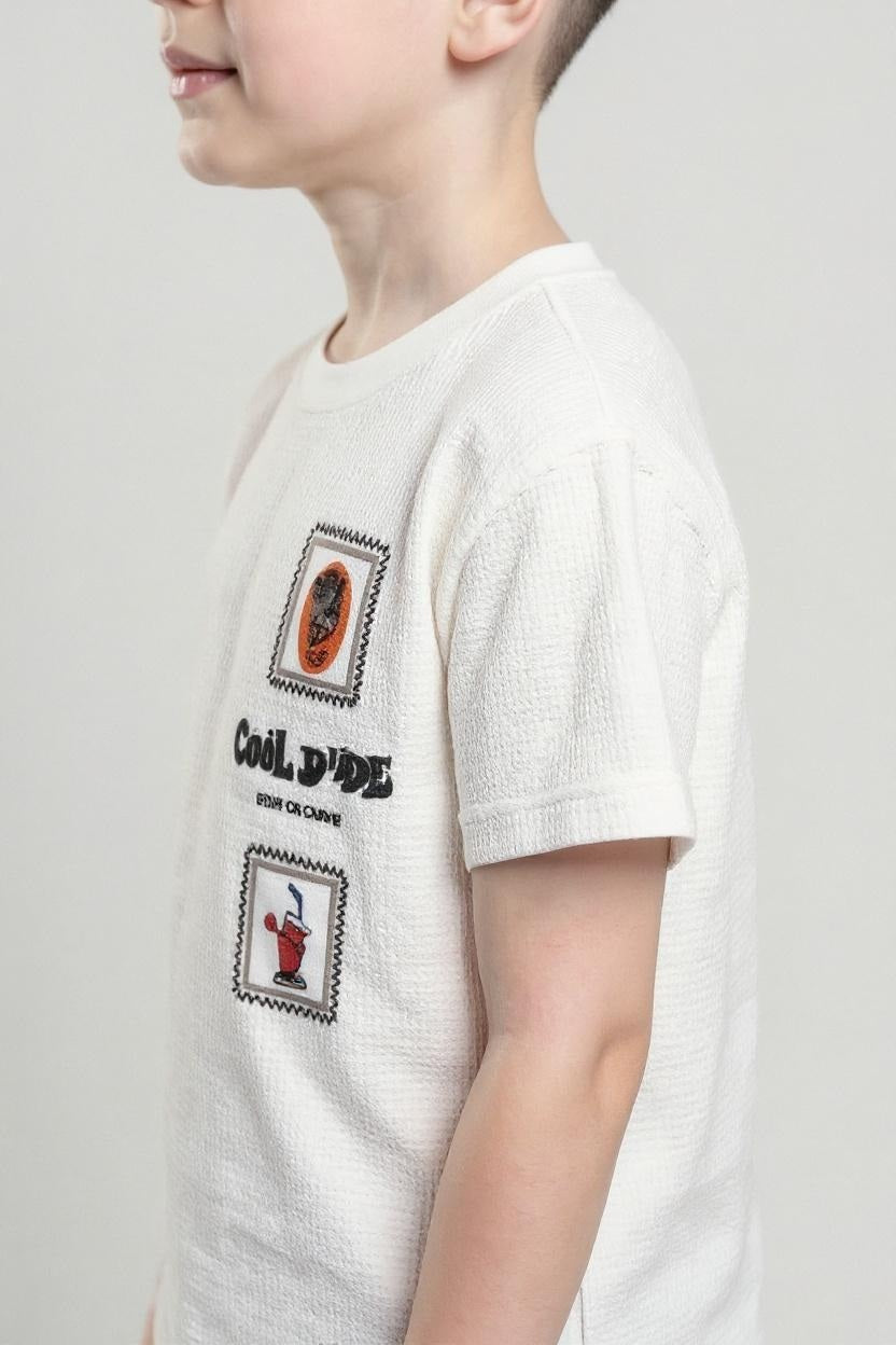 Octave Boys Off White Textured Graphic Cotton Tshirt