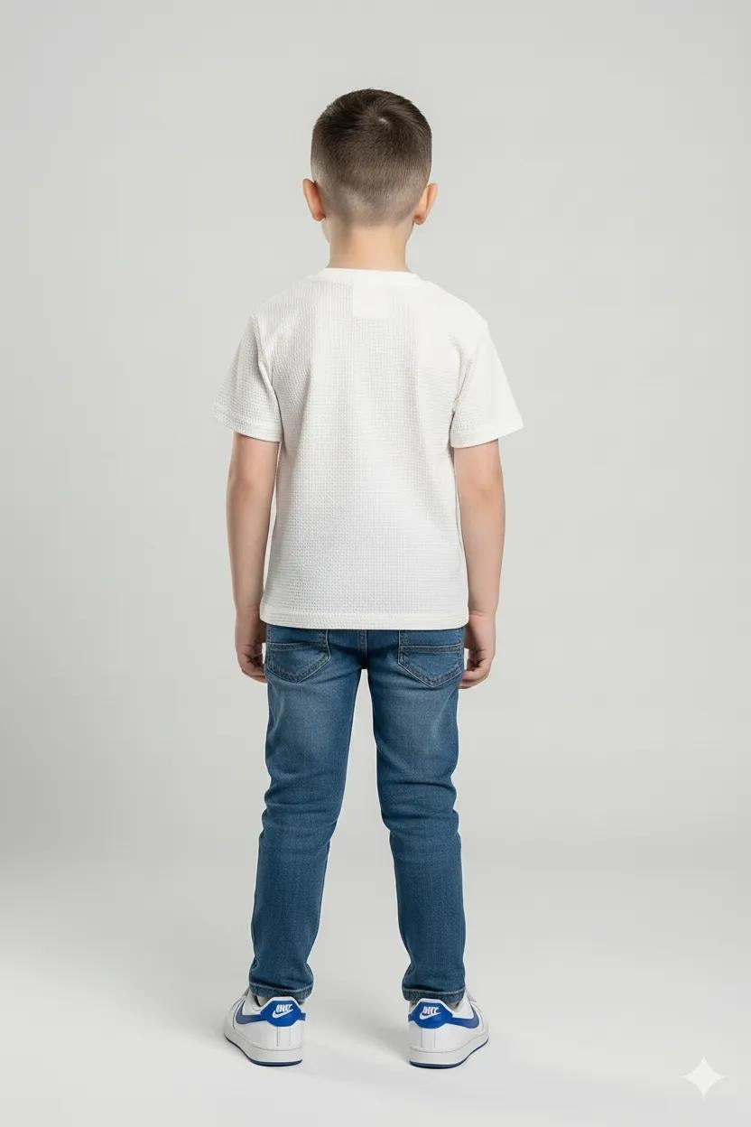 Octave Boys Off White Textured Graphic Cotton Tshirt