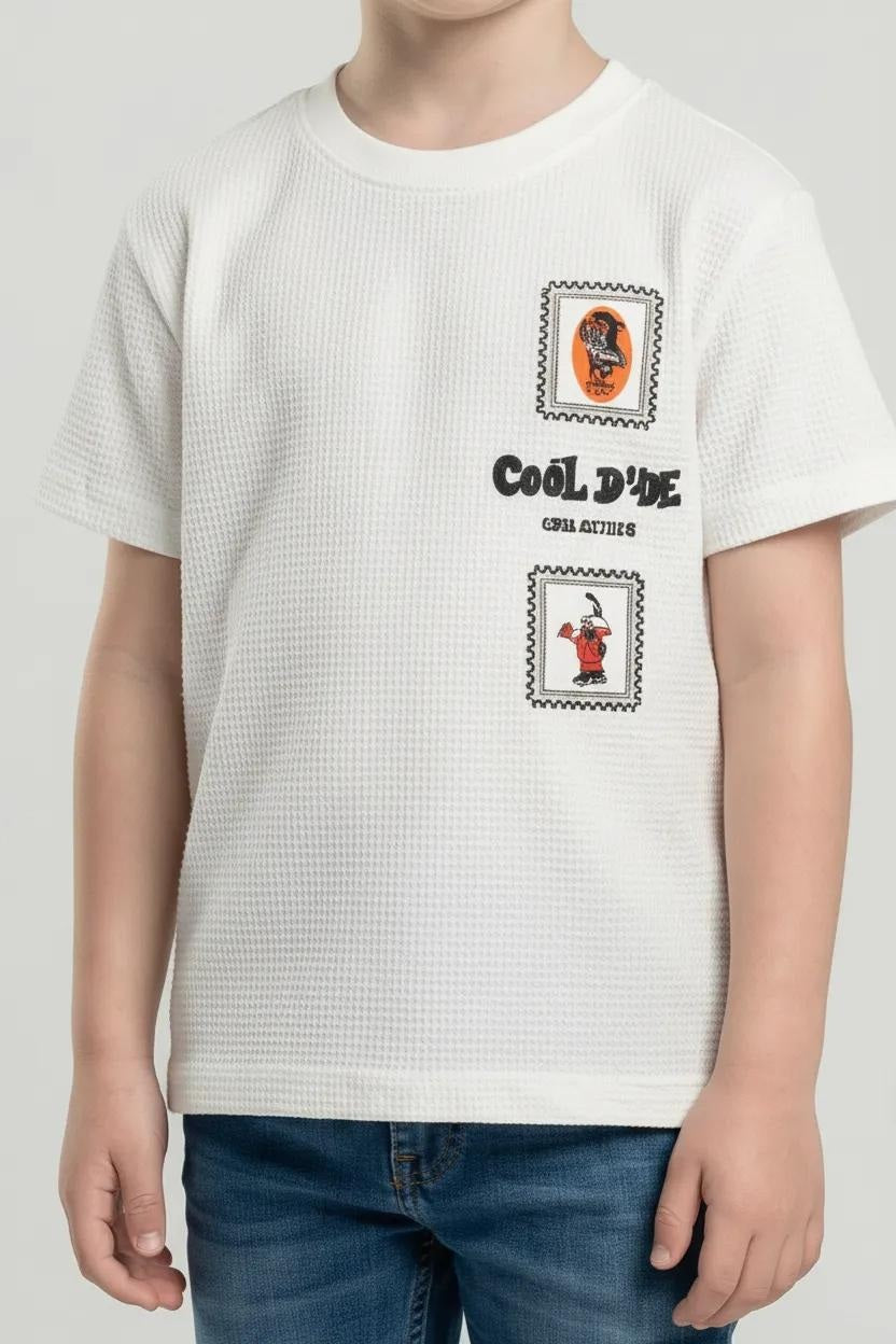 Octave Boys Off White Textured Graphic Cotton Tshirt