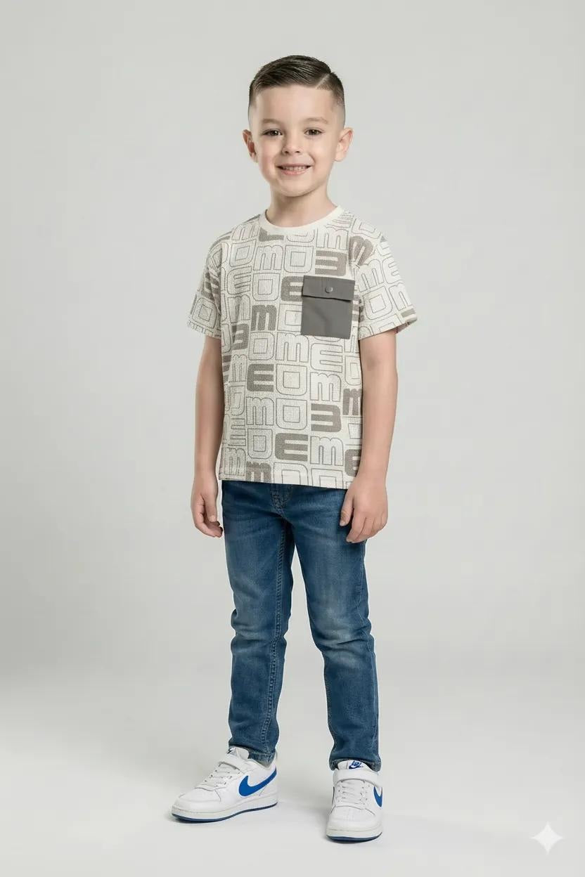 Octave Boys Stone Printed Round Neck Pockets T-shirt
